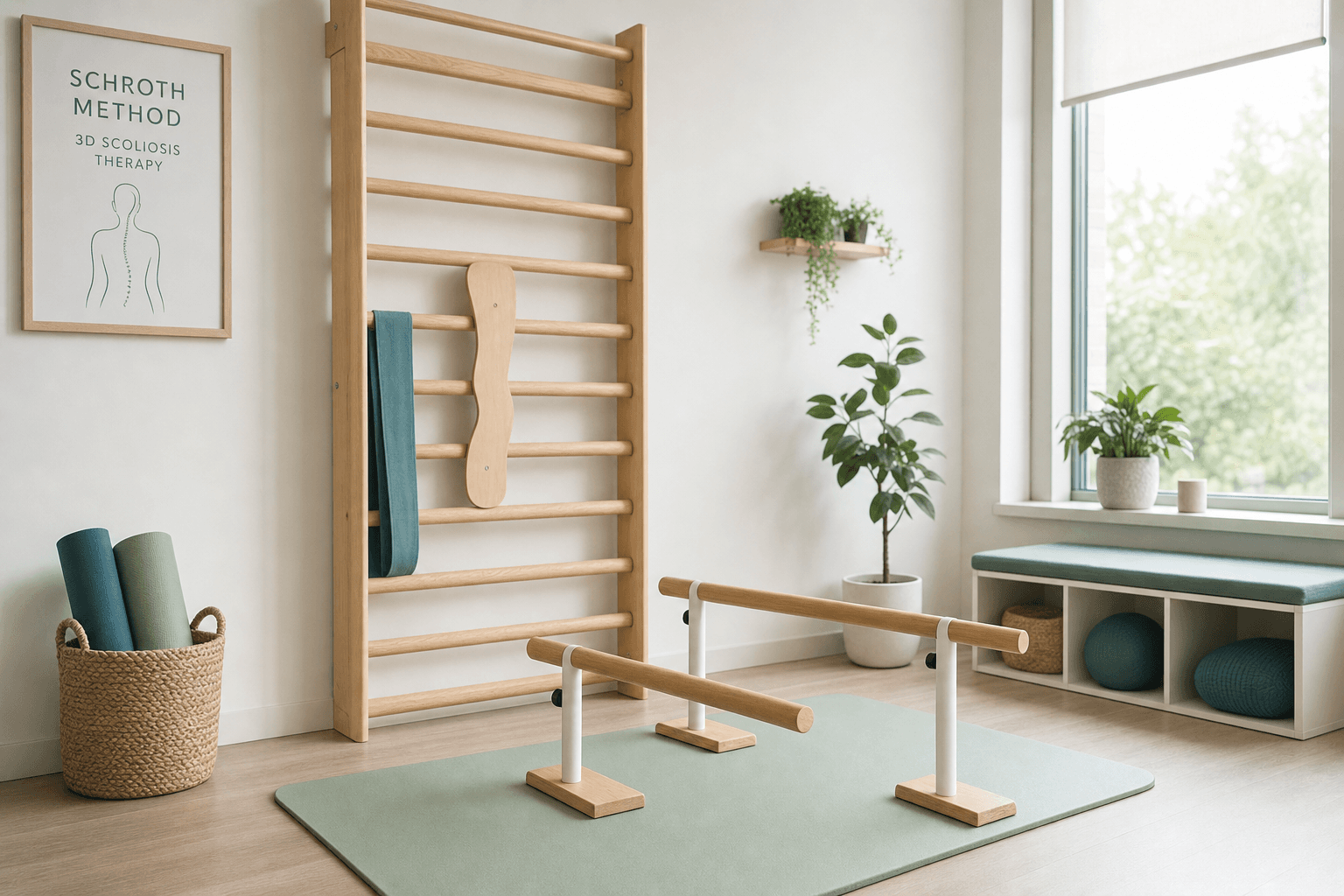 Schroth method therapy wall bar and posture training equipment in a calm clinic