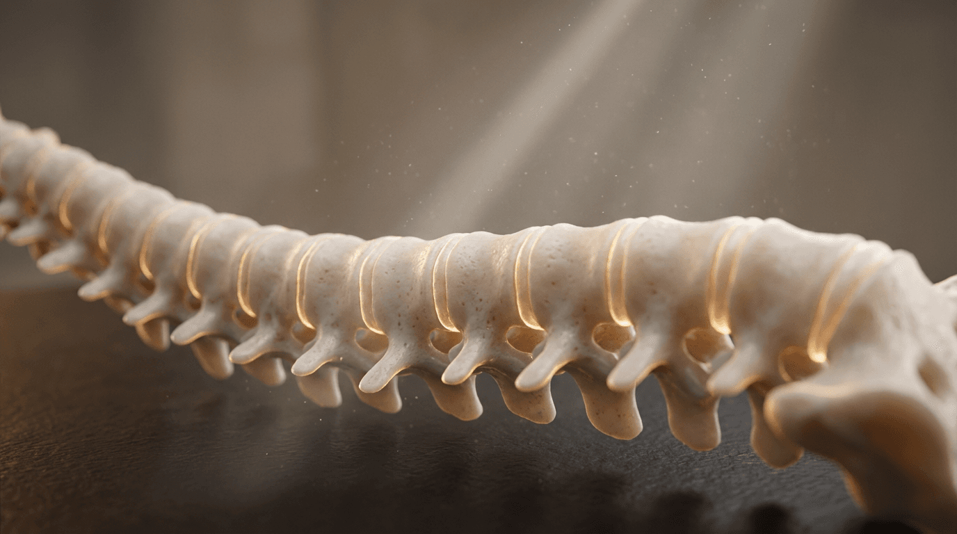 Macro close-up of anatomical spine model with dust-filled light, warm studio lighting and shallow focus.